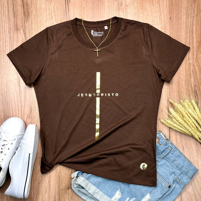 Camiseta Feminina Marrom Cruz Dourada Jesus Cristo