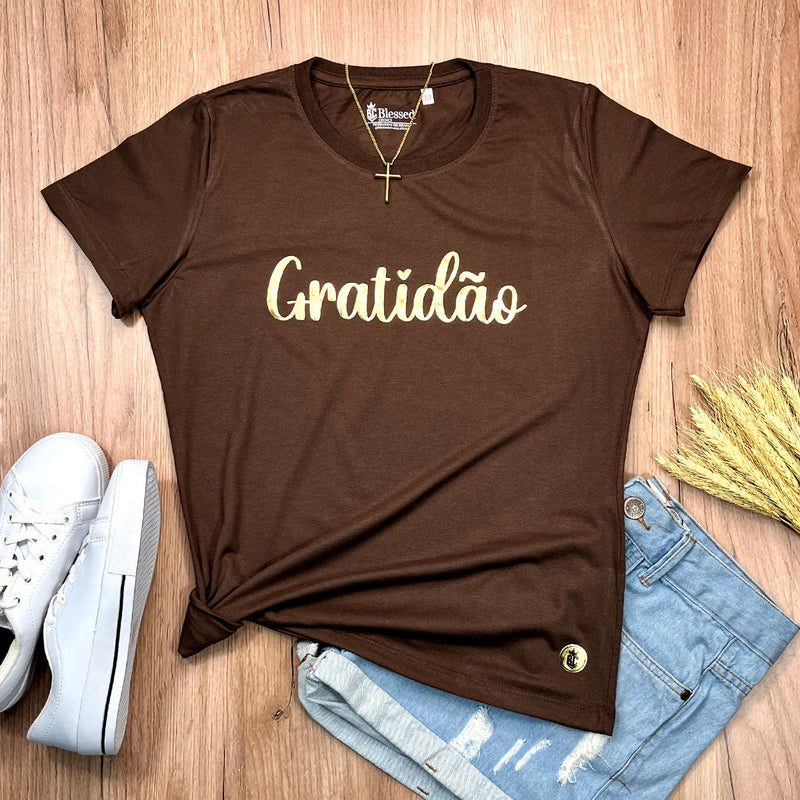 Camiseta Feminina Marrom Gratidão Dourado